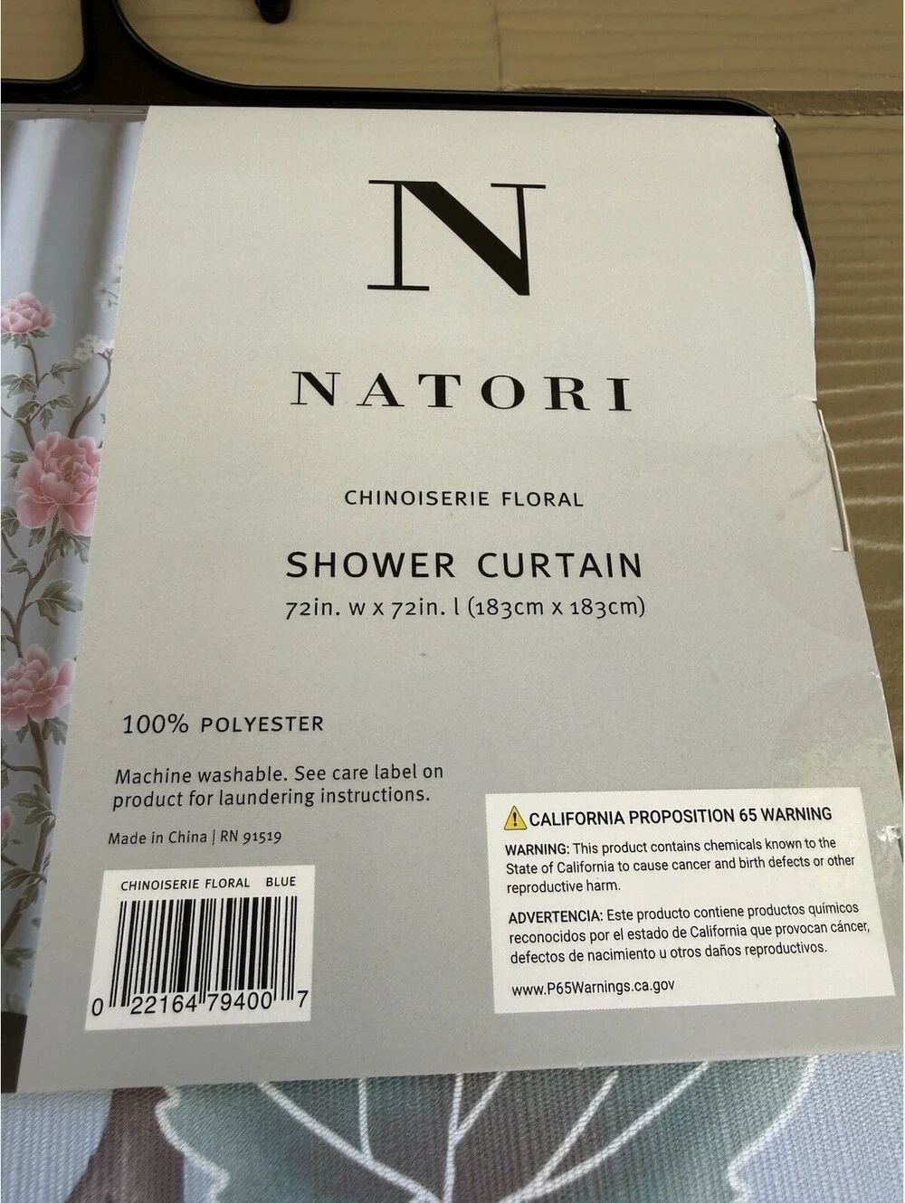 Natori Chinoiserie Floral Blue Pink Polyester Fabric Shower Curtain 72